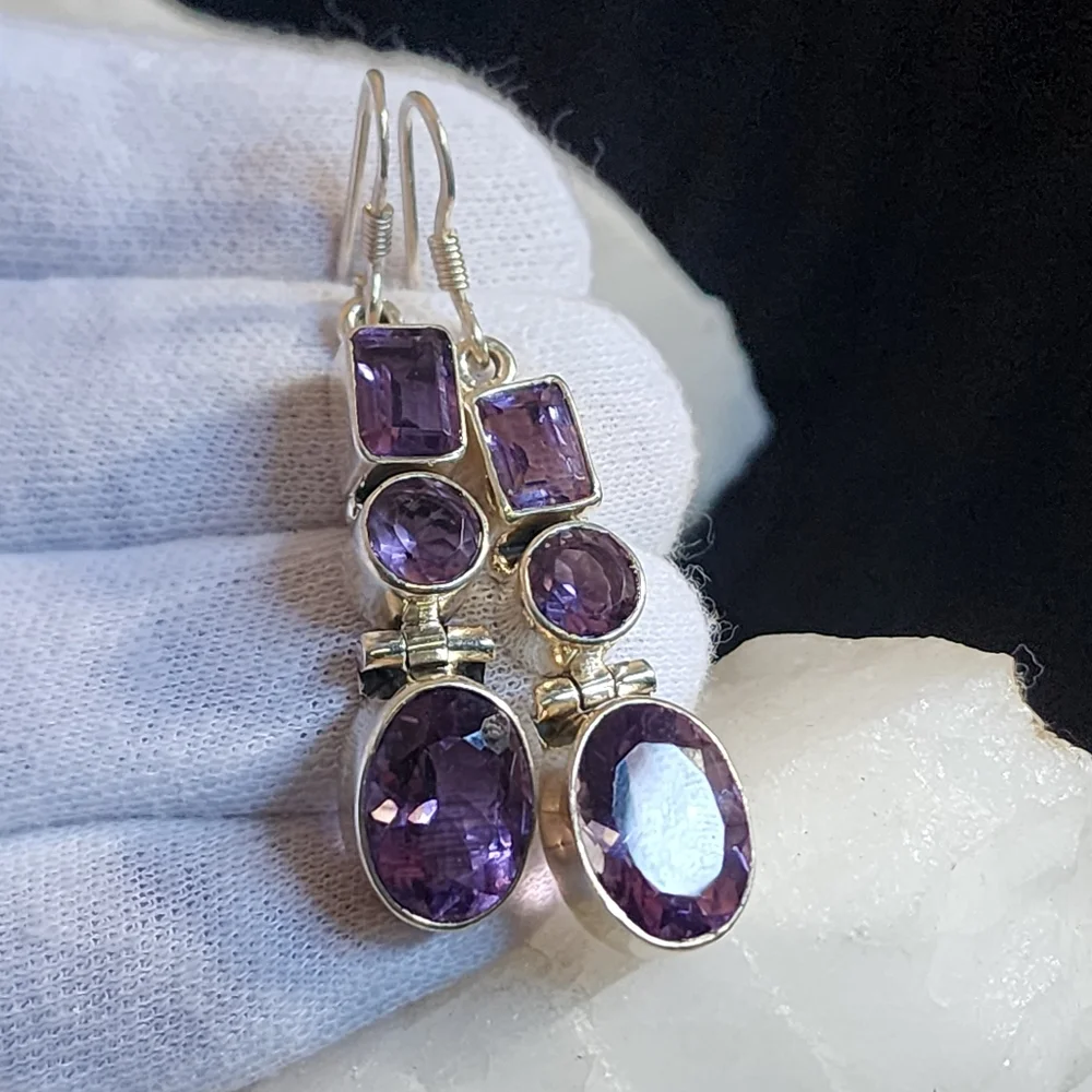 Sterling 925 Silver Earrings Genuine Amethyst Gemstone Designer Jewelry